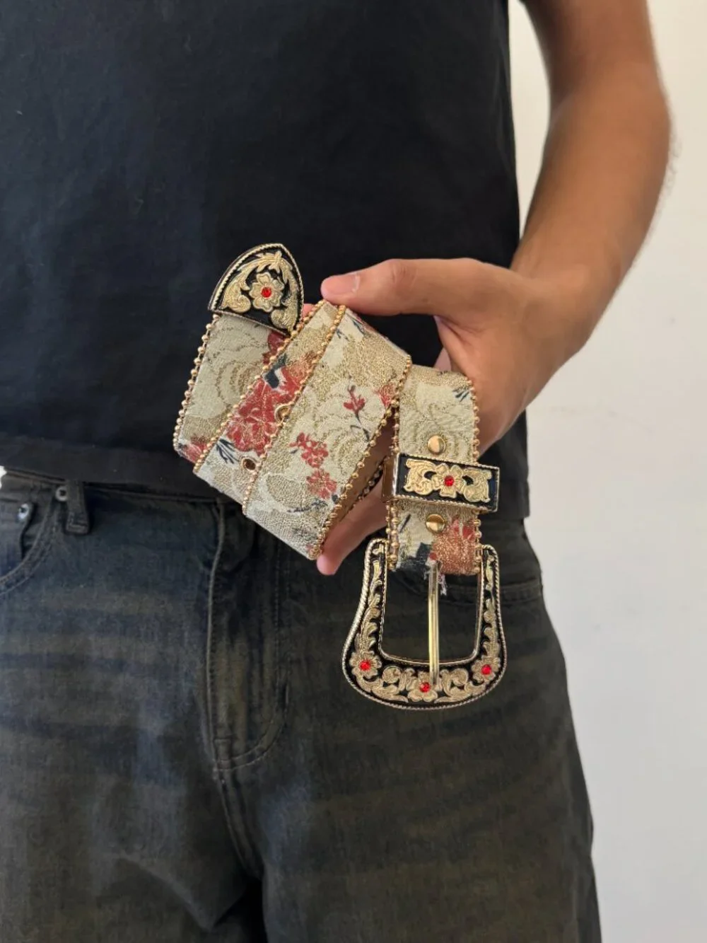 Cream Floral Jacquard Ornate Western Buckle Belt